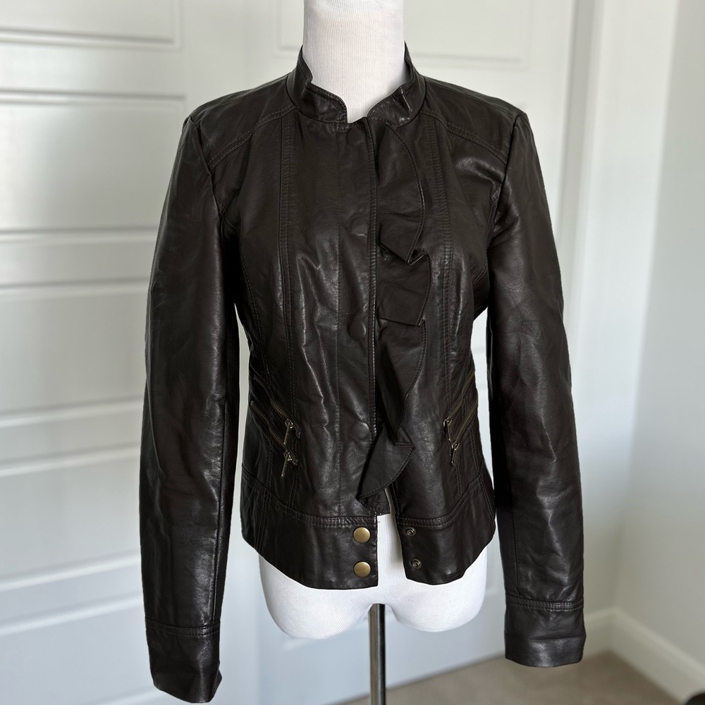 Caslon Dark Brown Ruffle Detail Faux Leather Jacket Size Small